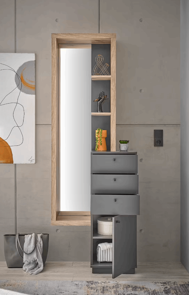 Kommode + Spiegel in Massivholz-Optik, Eiche-Dekor