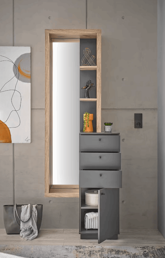 Kommode + Spiegel in Massivholz-Optik, Eiche-Dekor