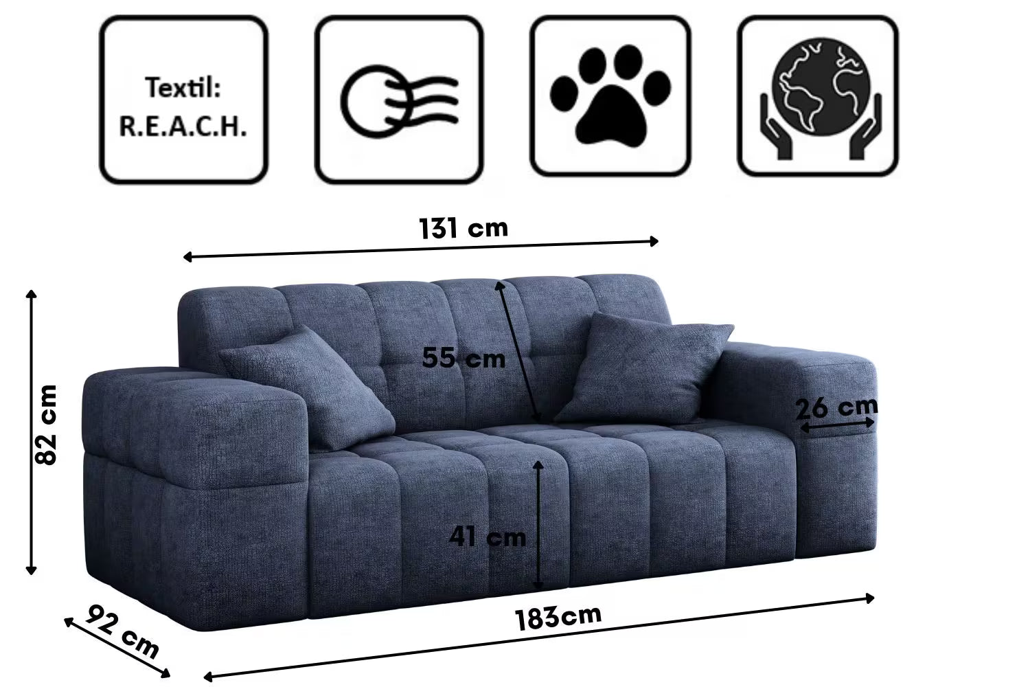 Sofa Nimes in Teddy, 183 cm Breite
