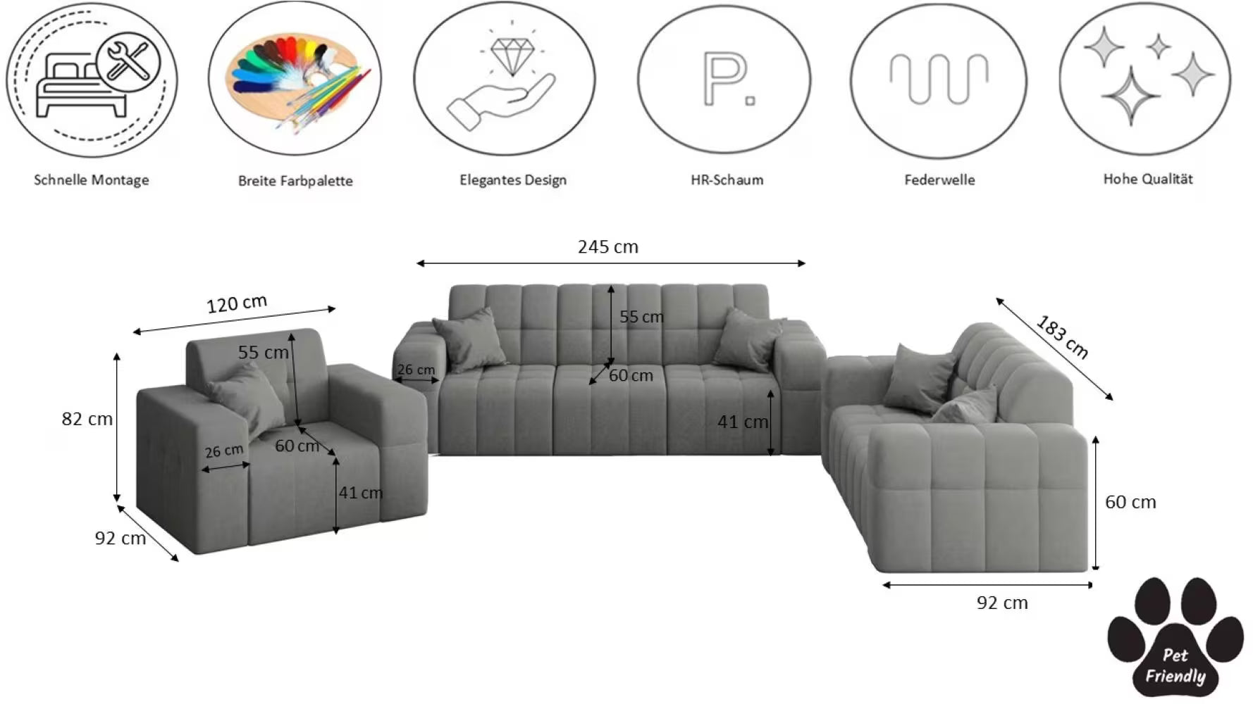 Sofa Set 3-2-1 Nimes in Samt, 245 cm Breite