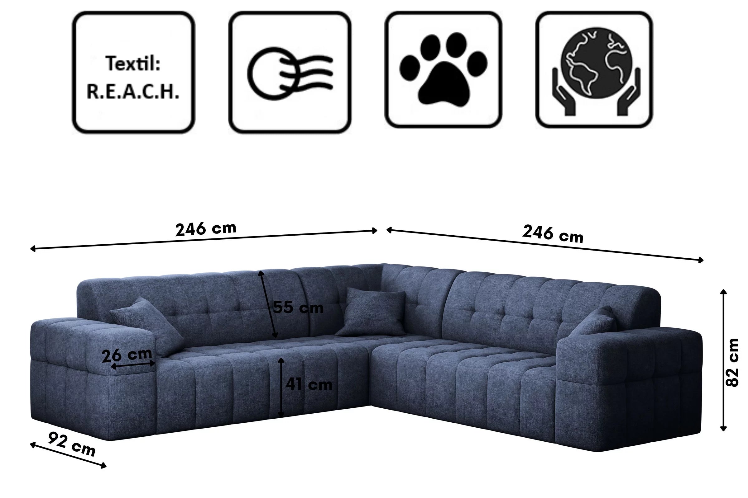 Ecksofa Nimes (gleichschenklig) in Teddy, 246 cm Breite