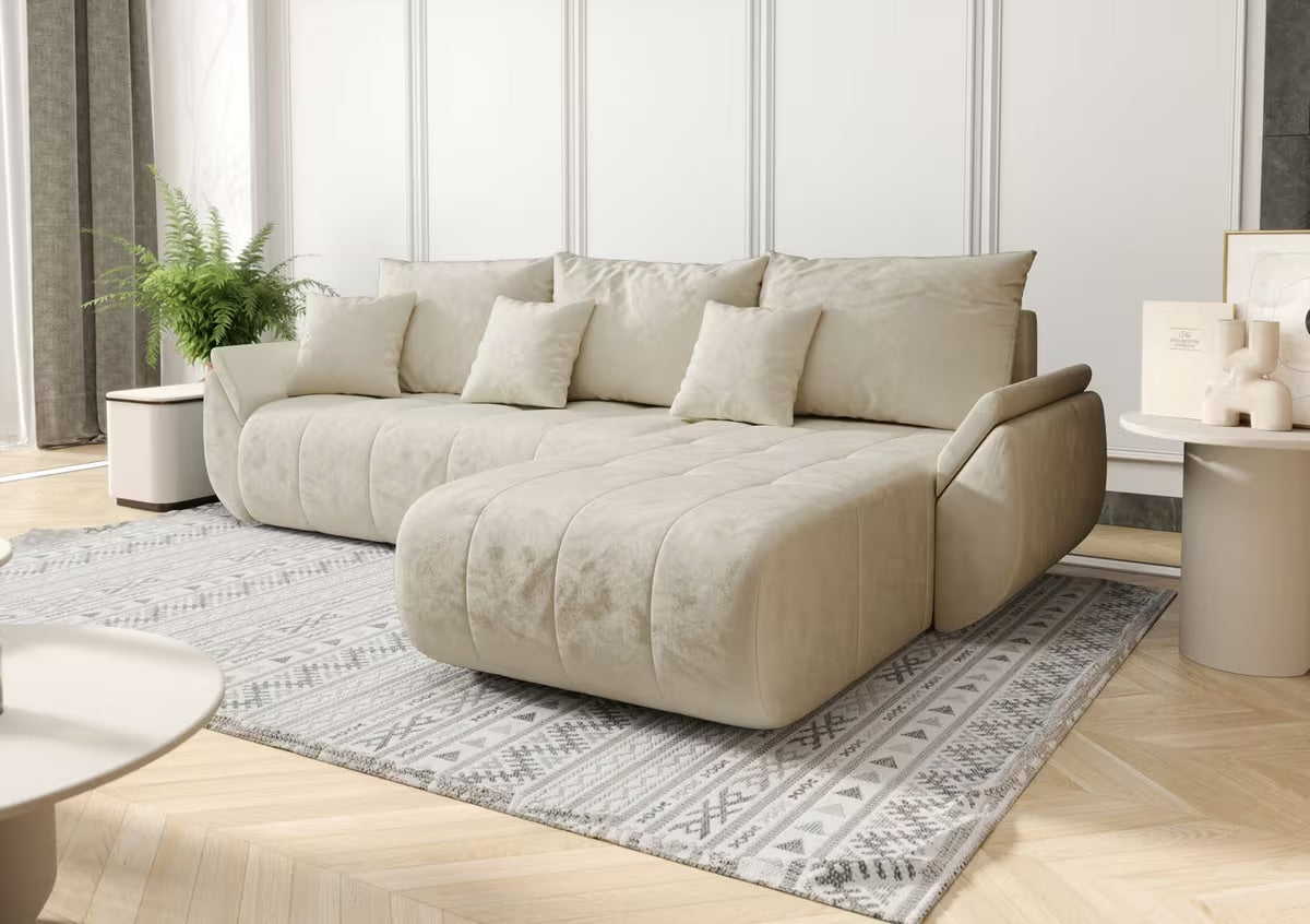Ecksofa in Samt Beige, 280 cm Breite