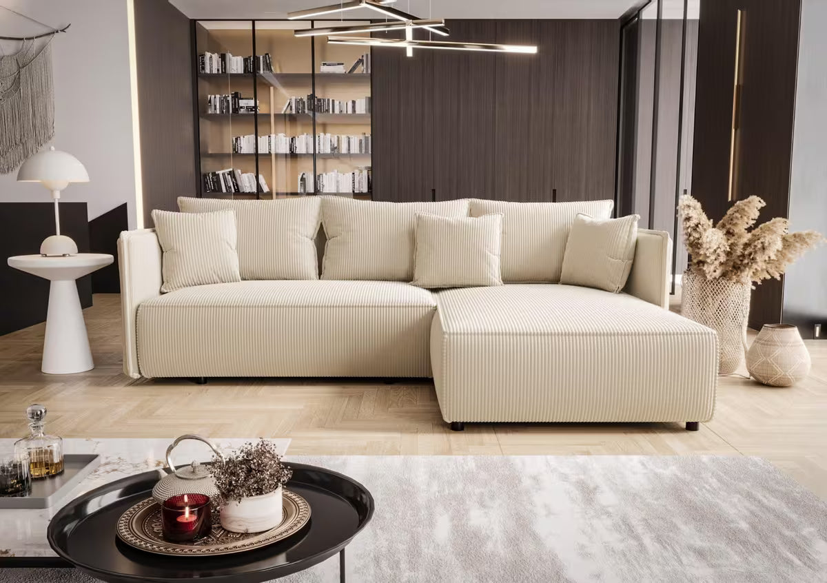Ecksofa in Cord Beige, 245 cm Breite