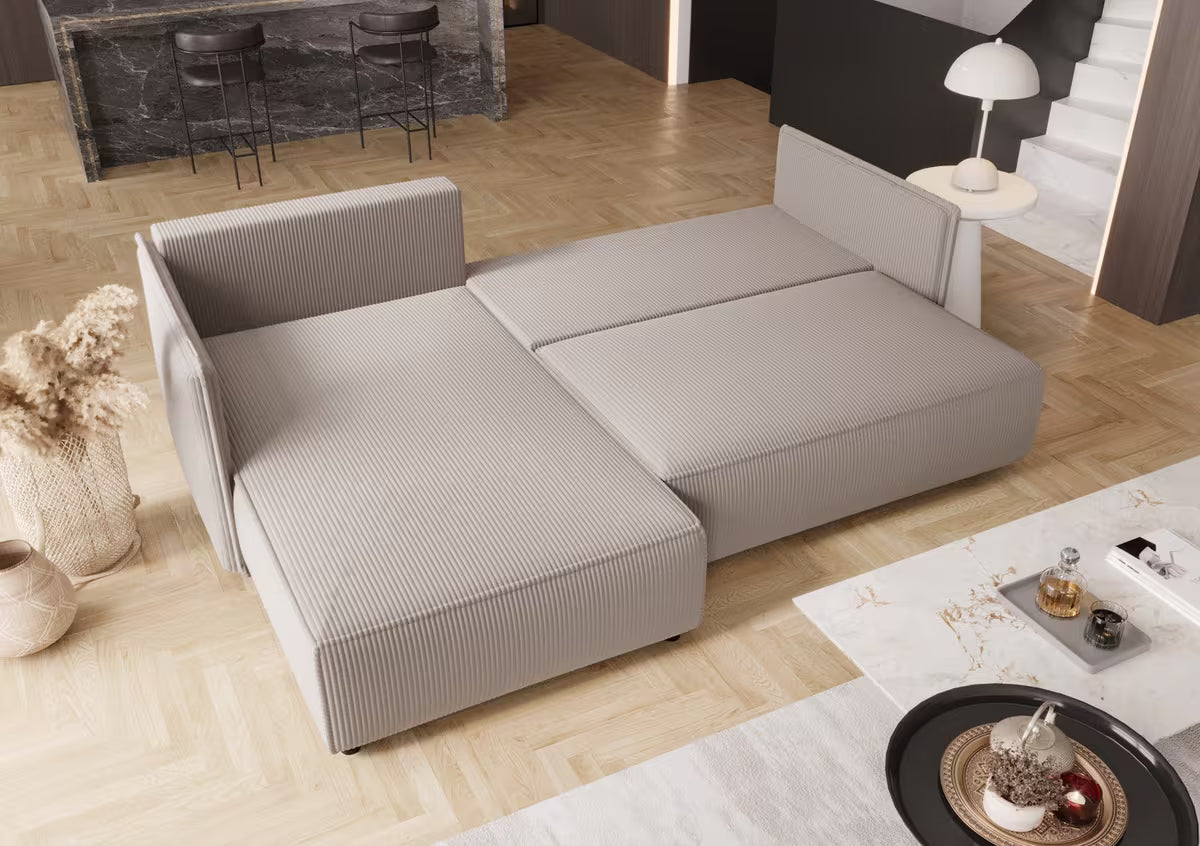 Ecksofa in Cord Beige, 245 cm Breite