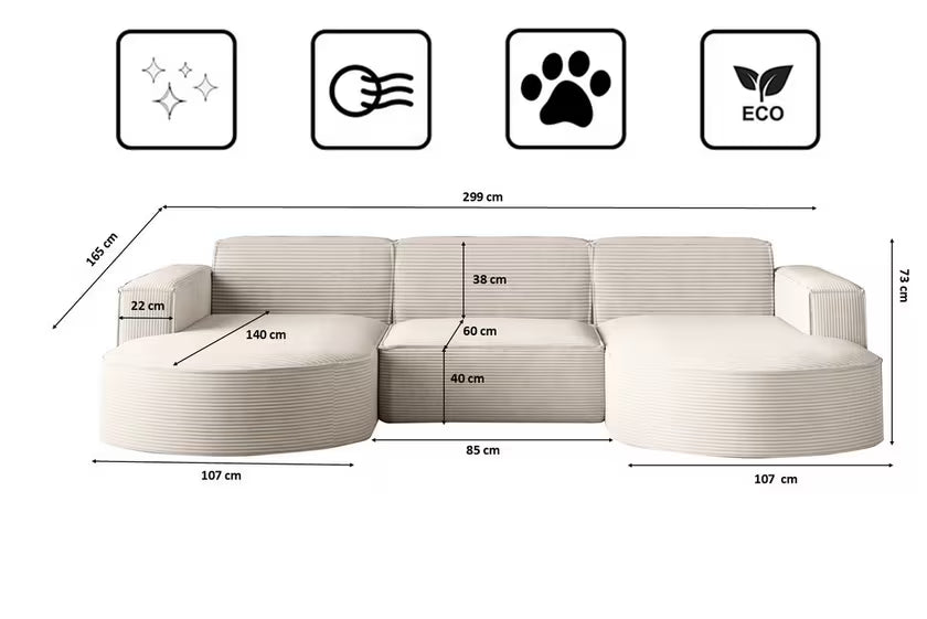 Moldulare Sofa Wohnlandschaft Parma in Breitcord, 299 cm Breite