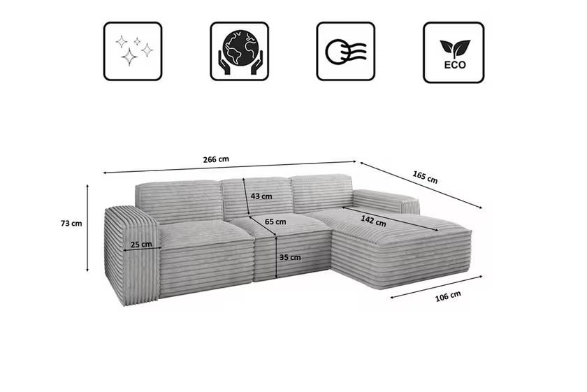 Ecksofa Siena (re) in Breitcord, 266 cm Breite