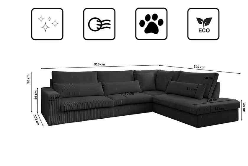 Ecksofa Sven (re) in Cord, 315 cm Breite
