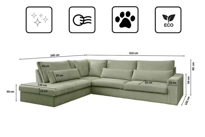 Ecksofa Sven (li) in Cord, 315 cm Breite
