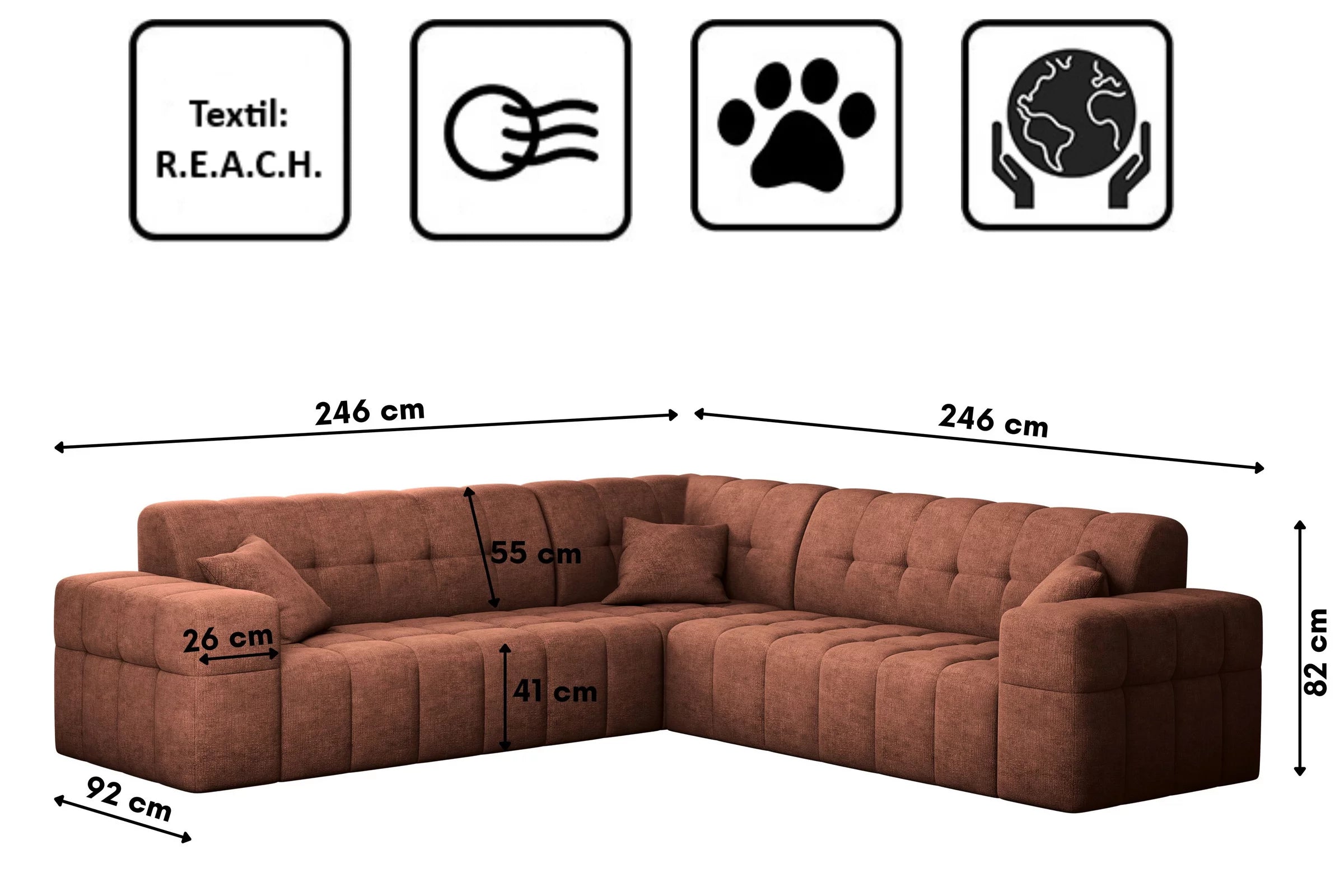 Ecksofa Nimes (gleichschenklig) in Teddy, 246 cm Breite