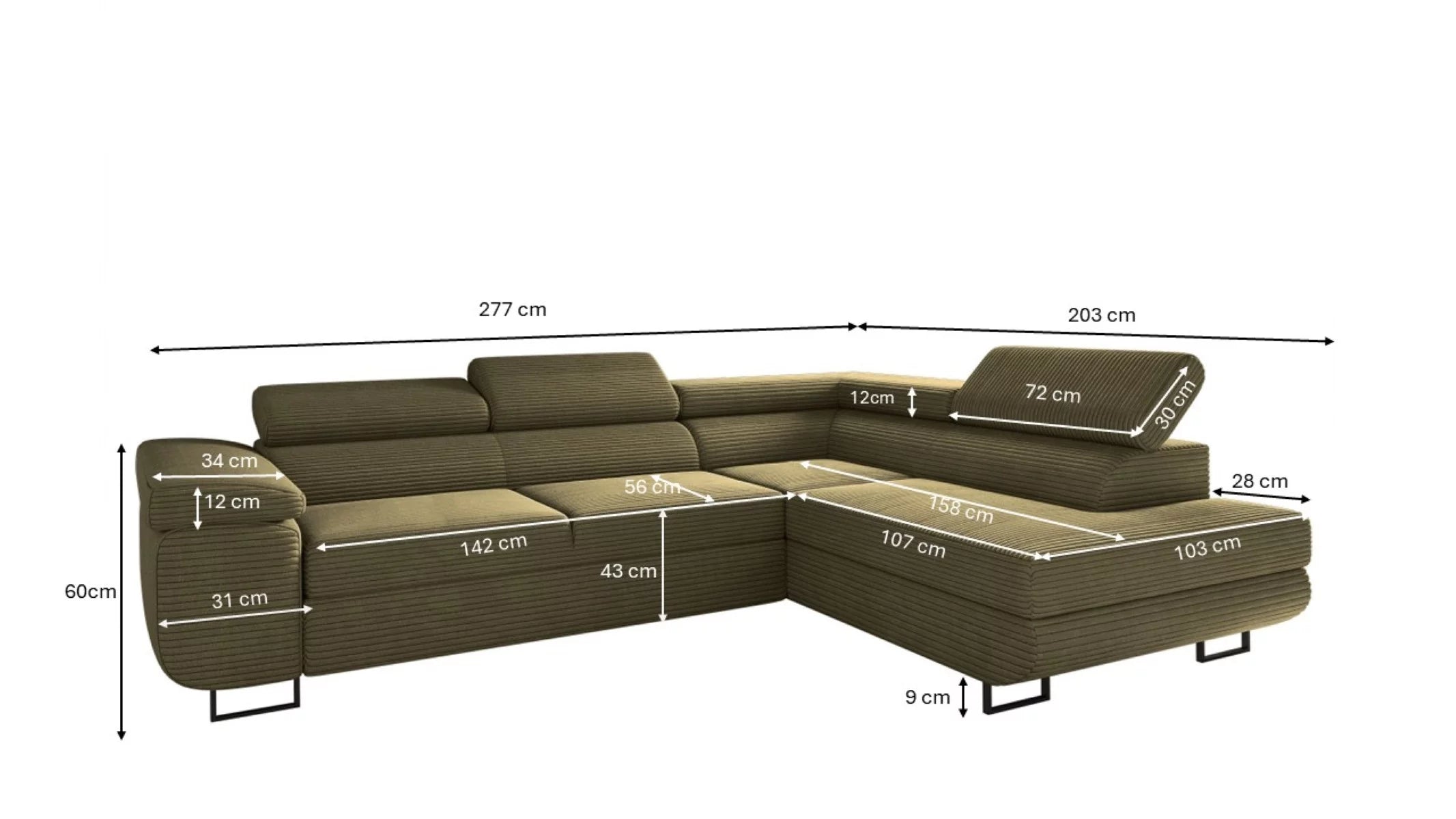 Ecksofa Tokyo (li) mit Schlaffunktion in Cord, 277 cm Breite