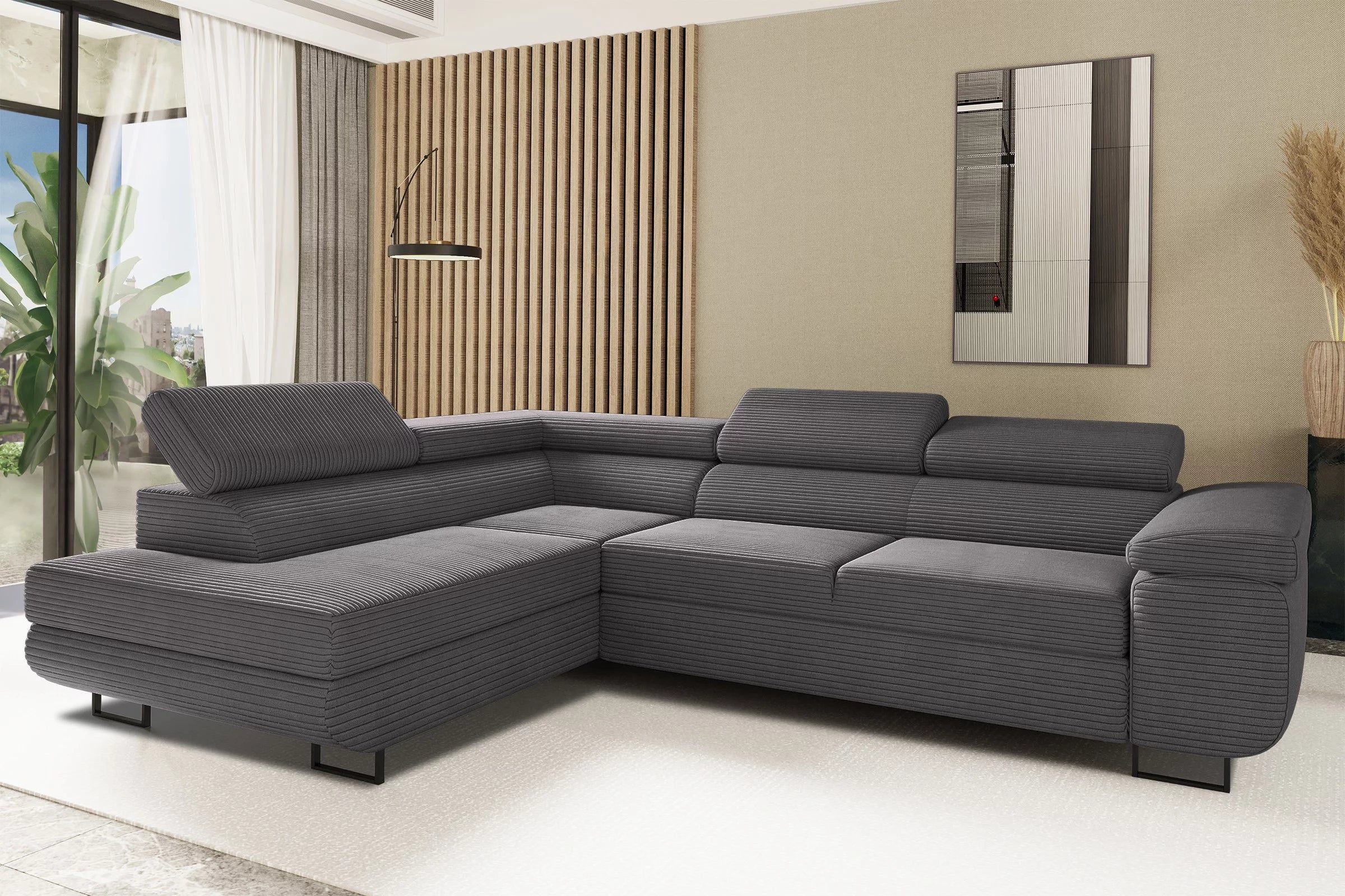 Ecksofa Tokyo (li) mit Schlaffunktion in Cord, 277 cm Breite
