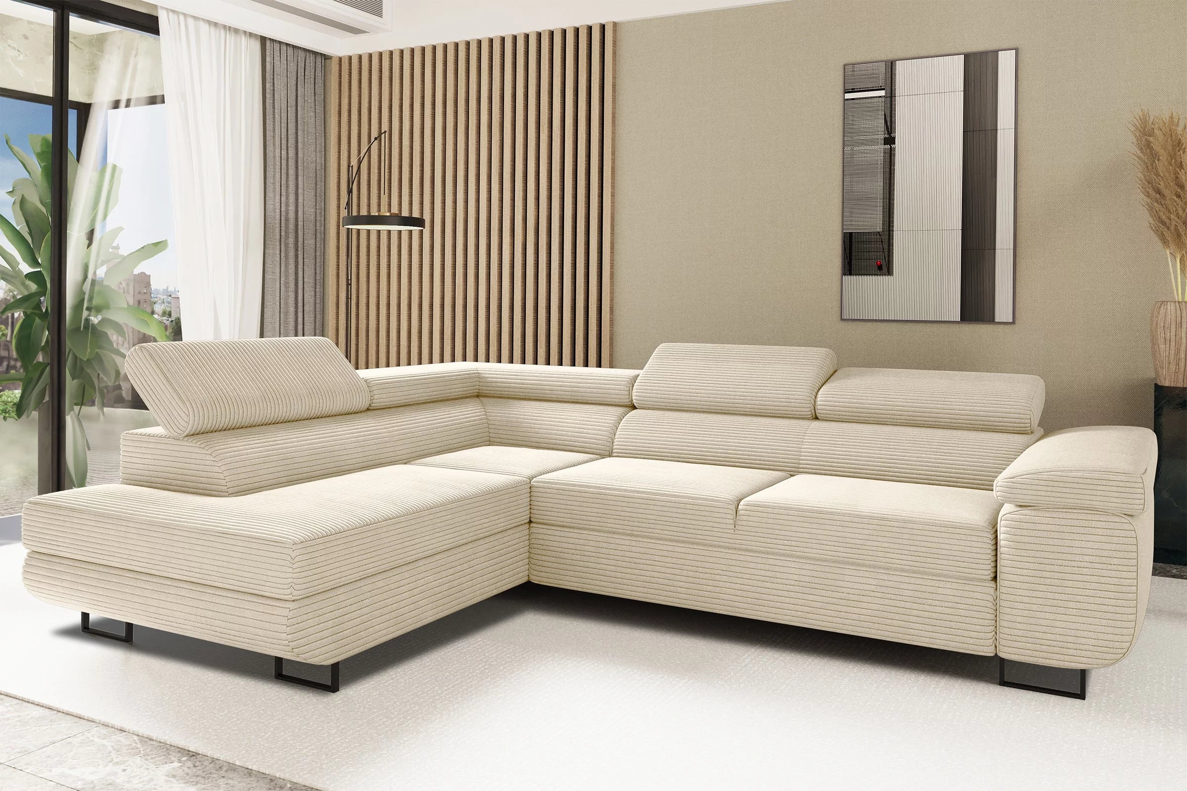 Ecksofa Tokyo (li) mit Schlaffunktion in Cord, 277 cm Breite