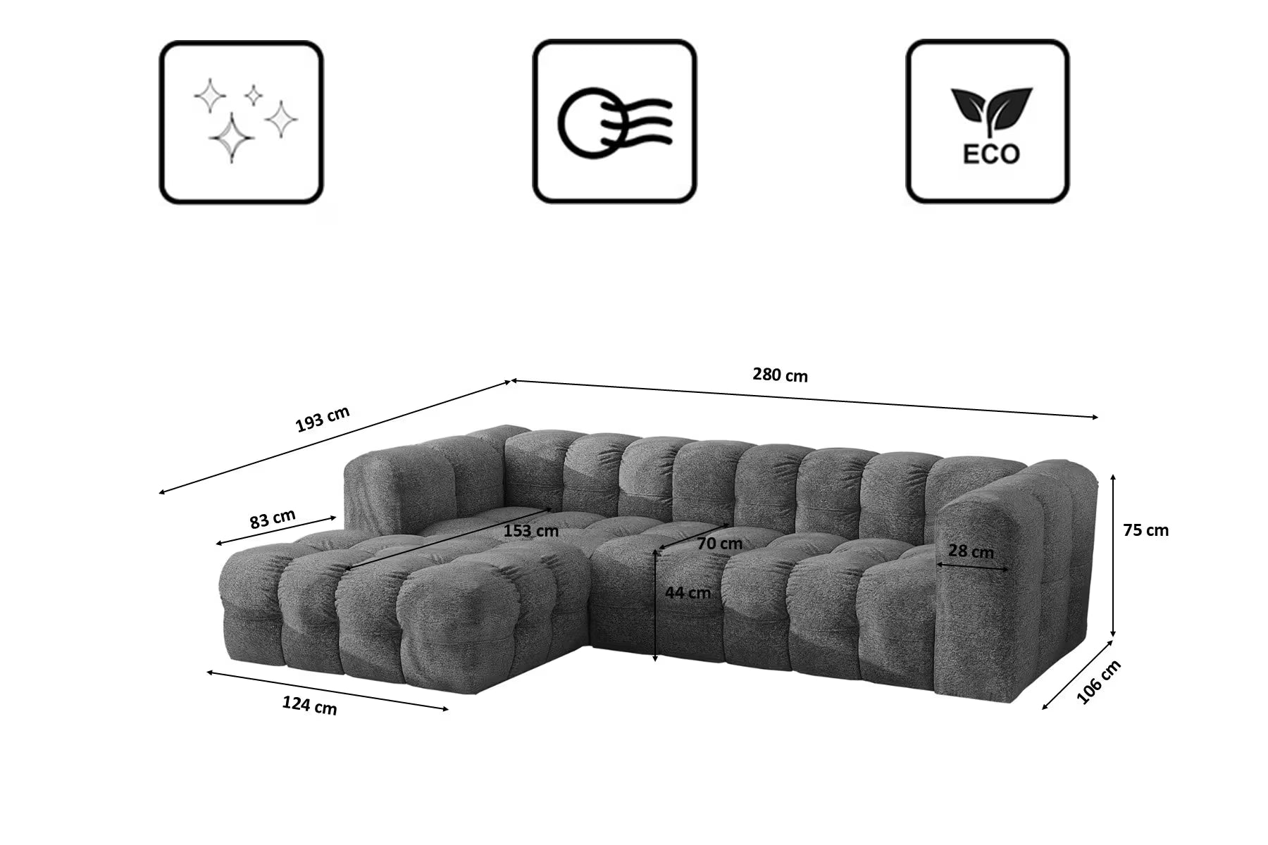Ecksofa Balio (links) in Bouclé, 280 cm Breite