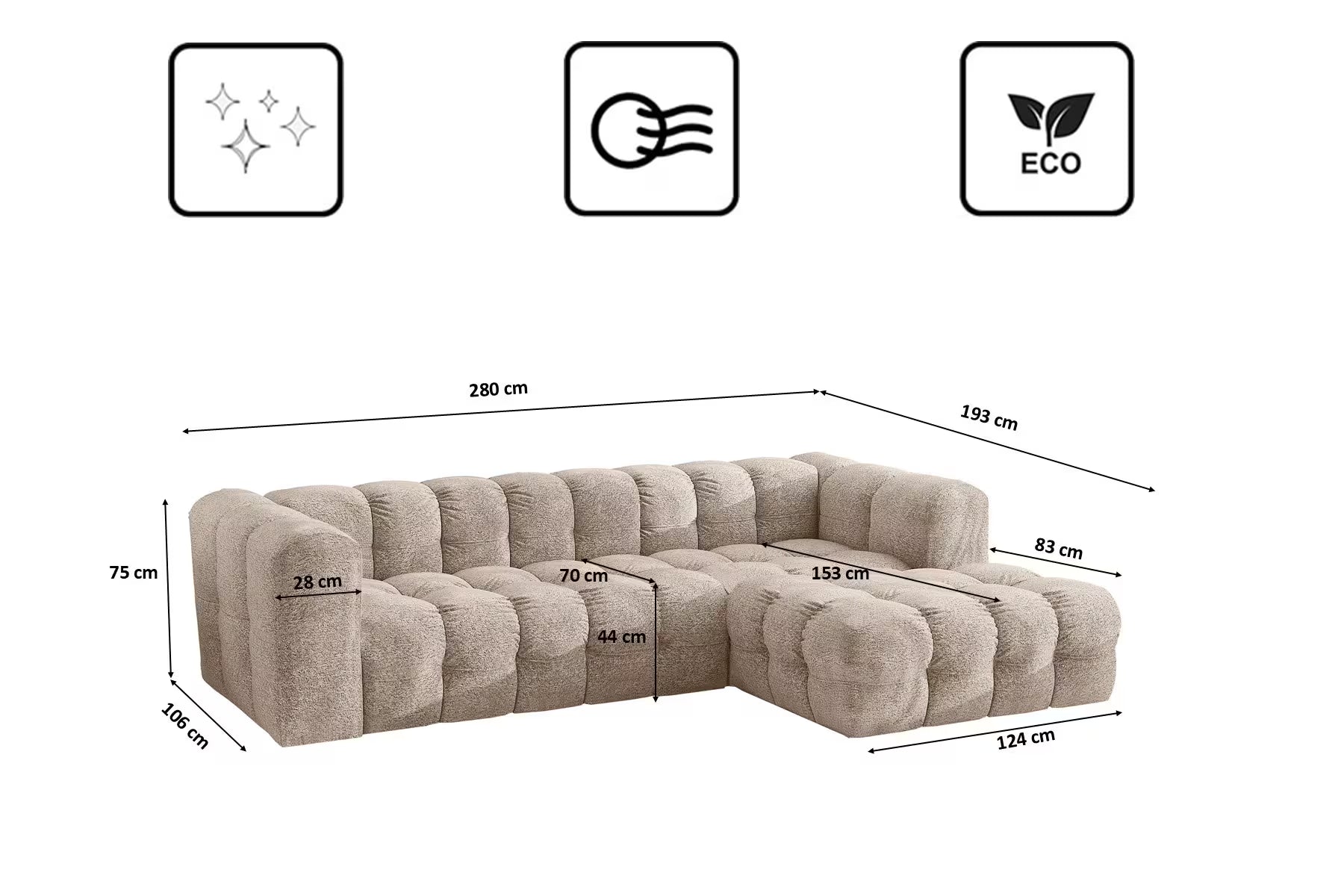Ecksofa Balio (rechts) in Bouclé, 280 cm Breite