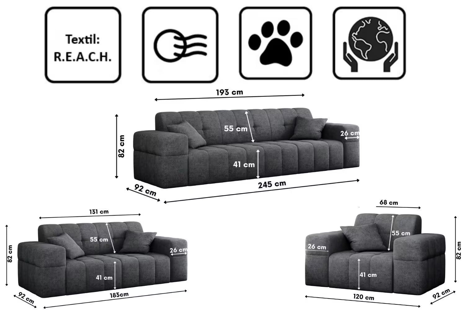 Sofa Set Nimes 3-2-1 in Teddy, 245 cm Breite