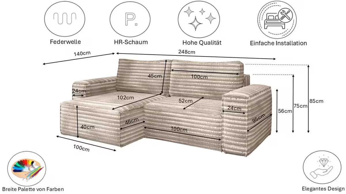 Ecksofa Hugo in Breitcord, 248 cm Breite