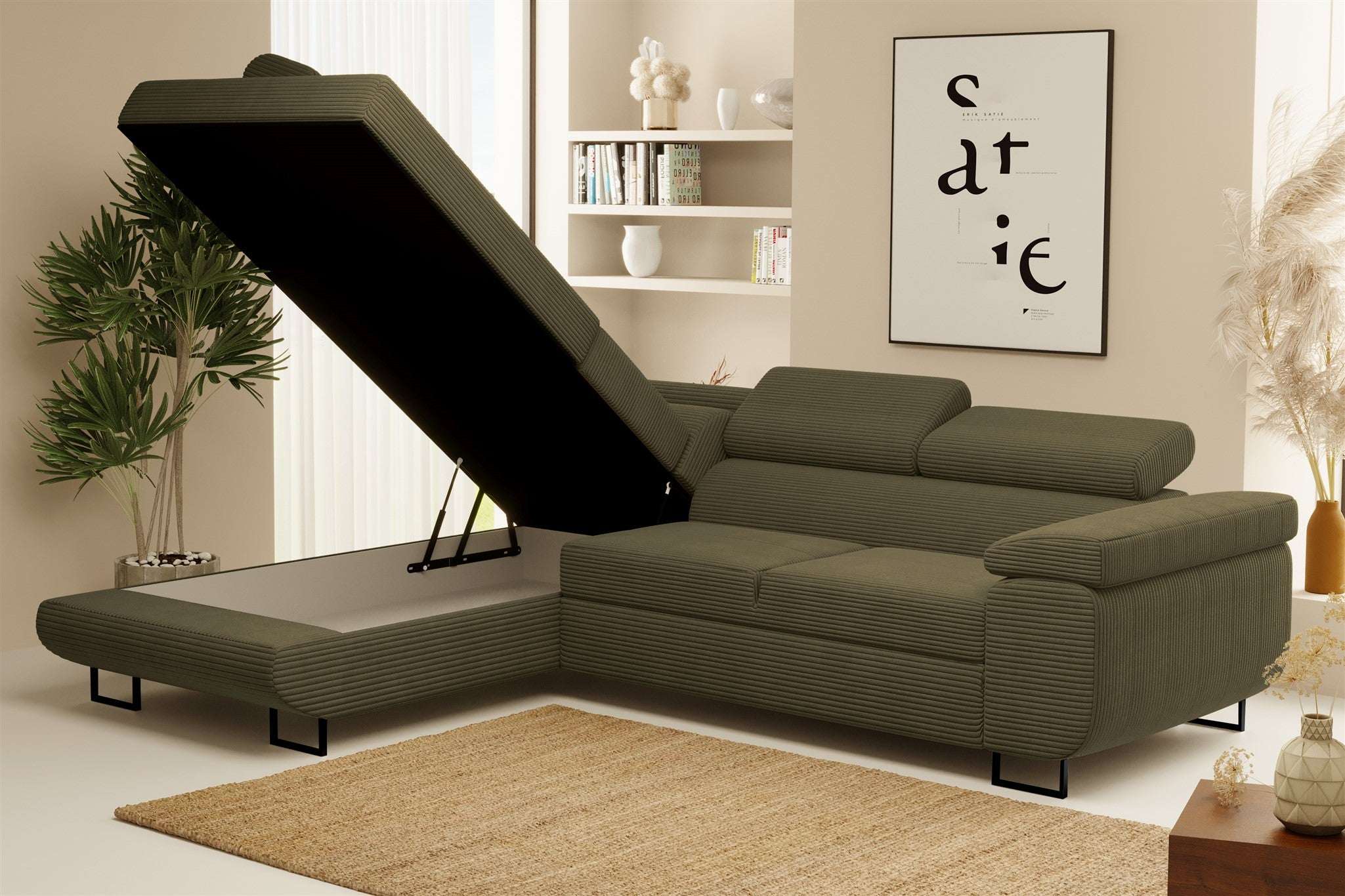 Ecksofa Tokyo (li) mit Schlaffunktion und Bettkasten in Cord, 277 cm Breite 