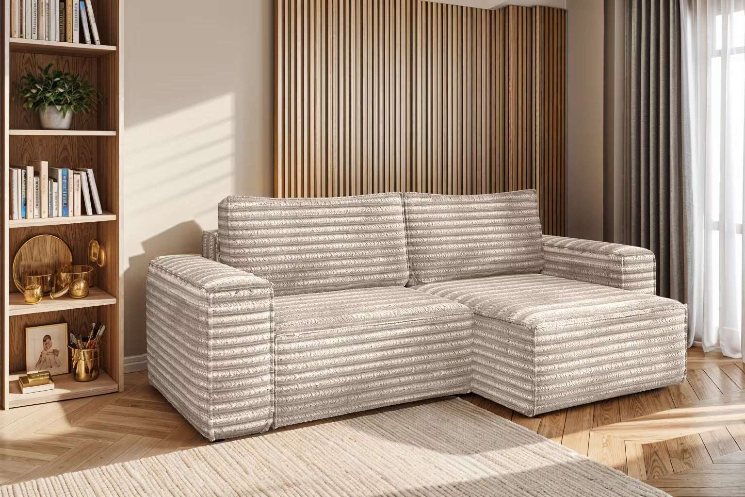 Hugo Sofa Ecksofa mit Schlaffunktion und Bettkasten in Breitcord #Variant_Beige-Rechts