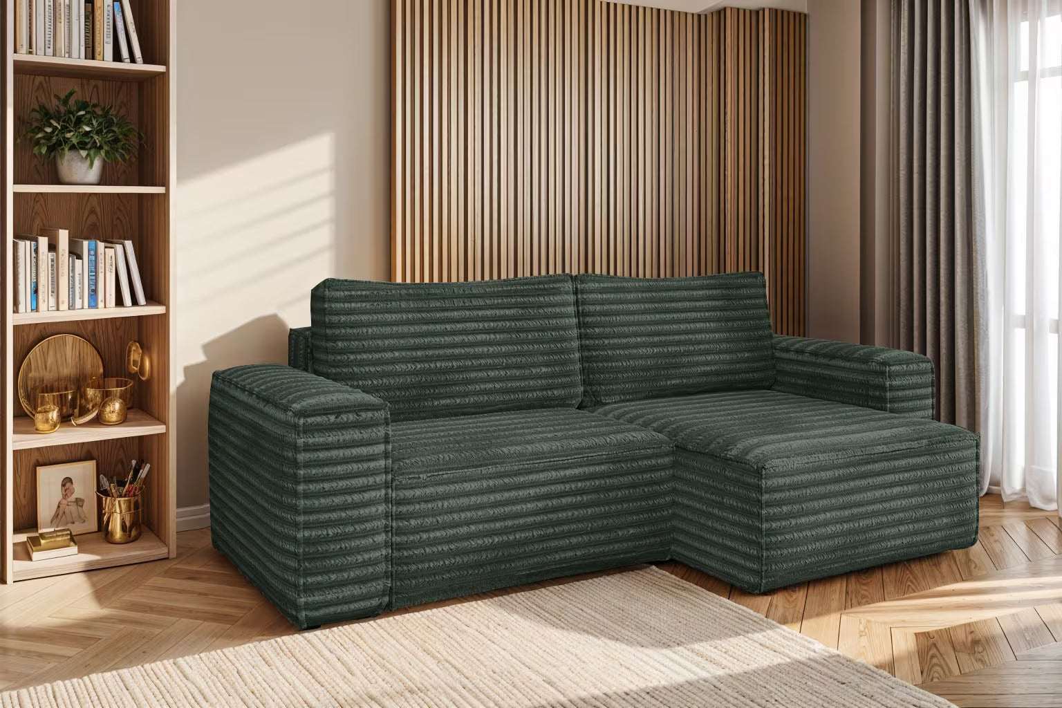 Hugo Sofa Ecksofa mit Schlaffunktion und Bettkasten in Breitcord #Variant_Grün-Rechts