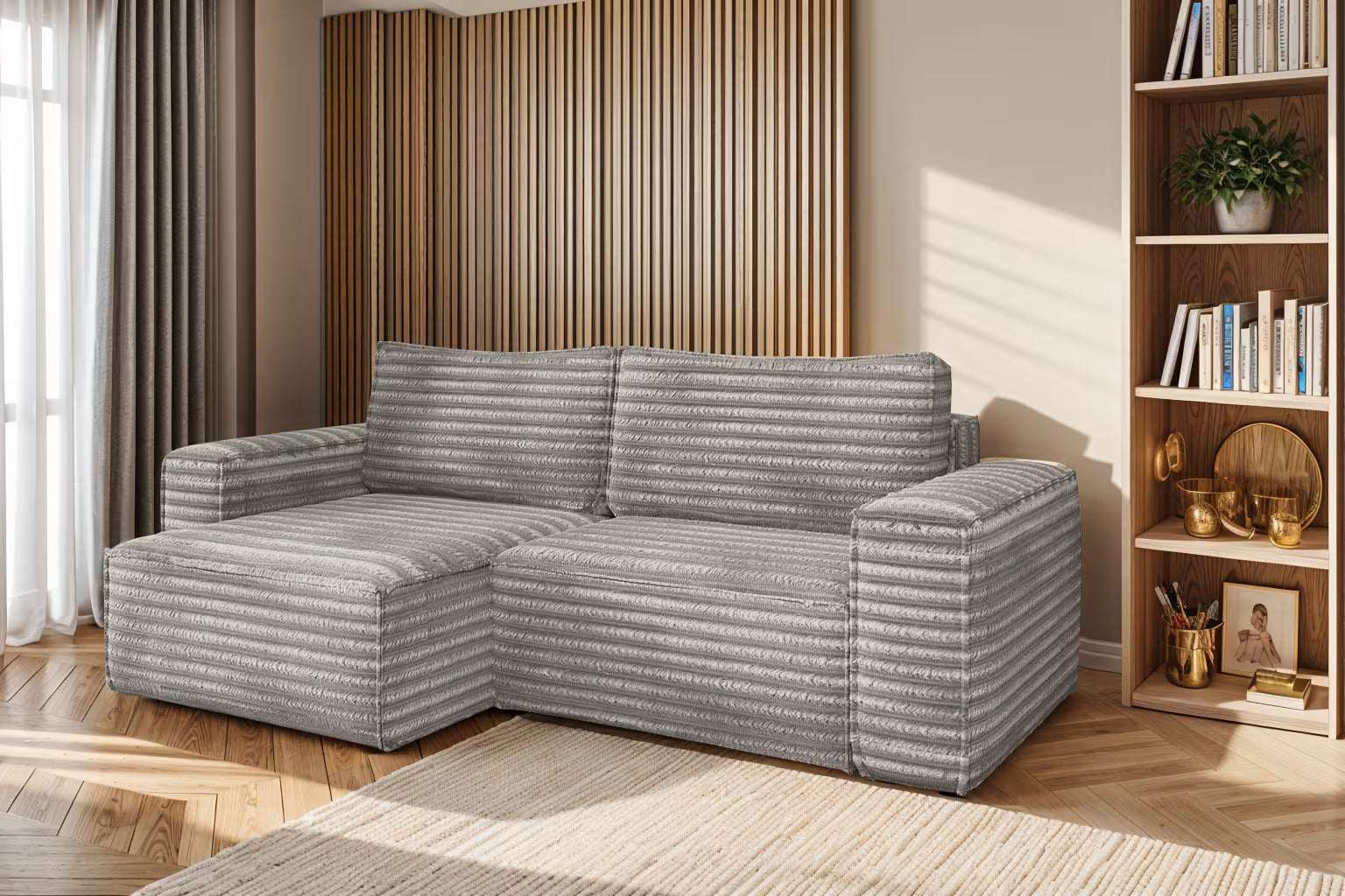 Hugo Sofa Ecksofa mit Schlaffunktion und Bettkasten in Breitcord #Variant_Grau-Links
