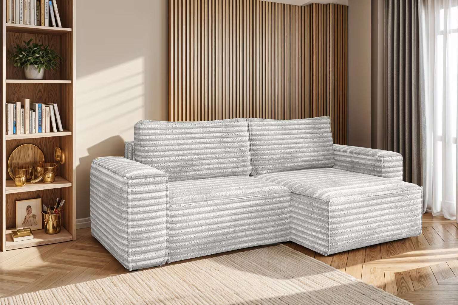 Hugo Sofa Ecksofa mit Schlaffunktion und Bettkasten in Breitcord #Variant_Hellgrau-Rechts