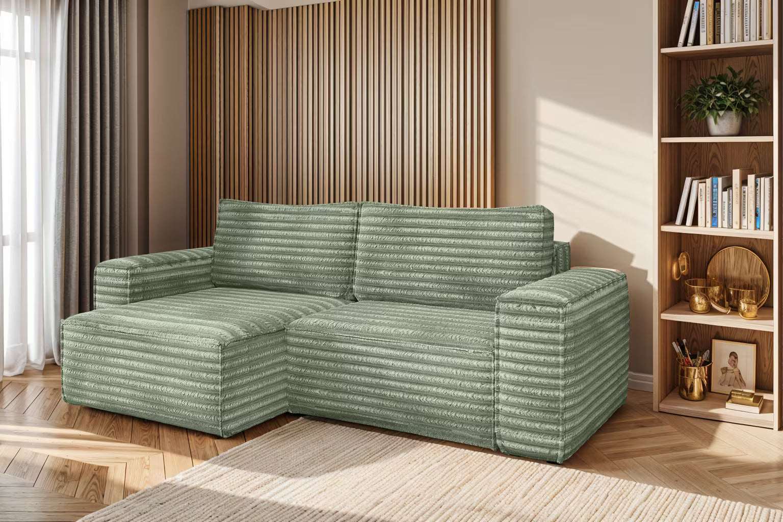 Hugo Sofa Ecksofa mit Schlaffunktion und Bettkasten in Breitcord #Variant_Olive-Links