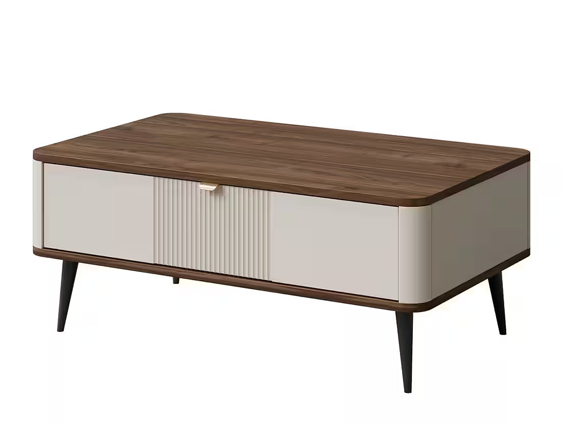 Mavi Couchtisch 100 cm – Design Couchtisch mit Schublade & Lamellenoptik (Kaschmir/Nussbaum)