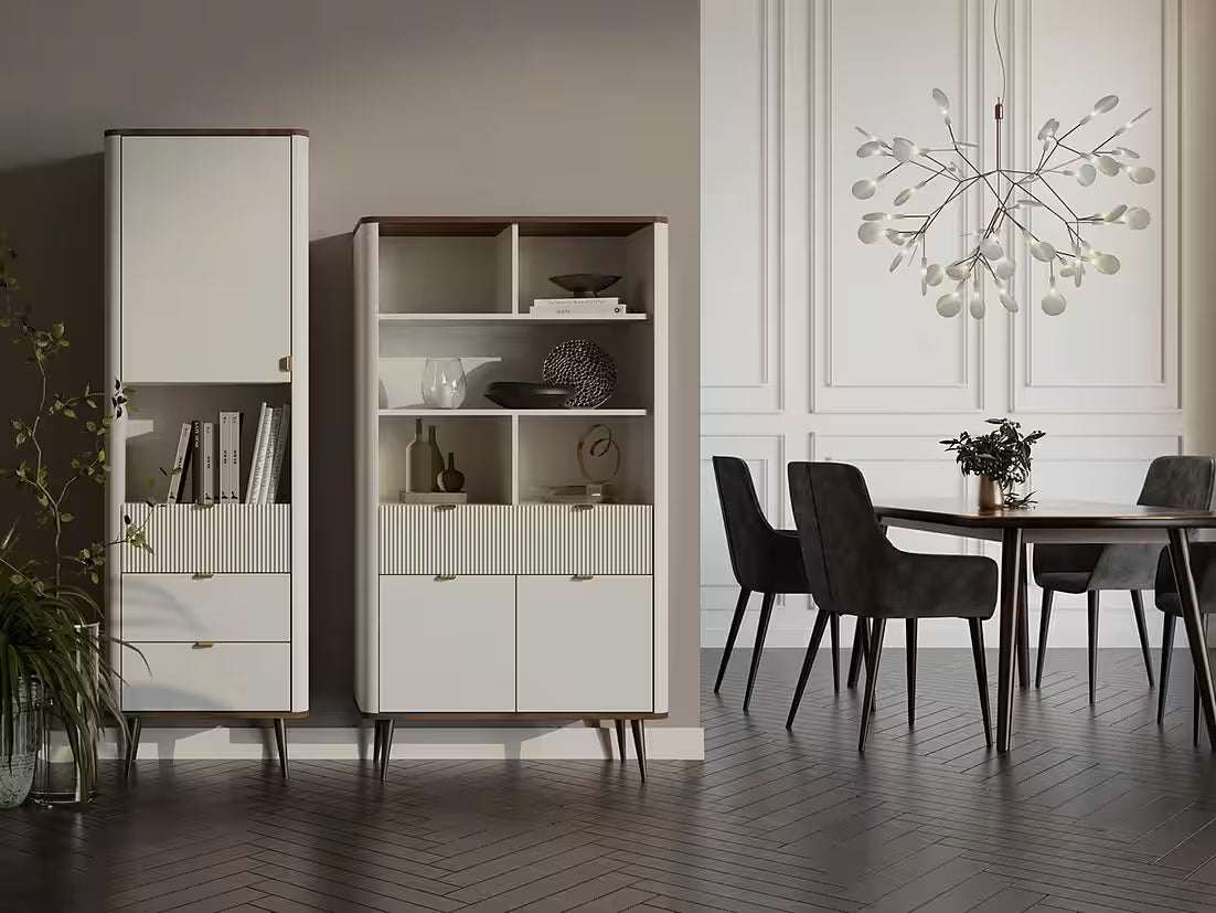 Mavi Hochkommode 90 cm – Design Kommode mit 3 Schubladen & 2 Türen (Kaschmir/Nussbaum)