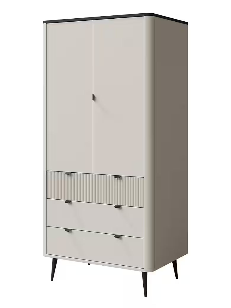 Mavi Kleiderschrank 2 Türen – Design Schrank mit 4 Schubladen & geriffelter Front (Kaschmir/Graphit Marmor)