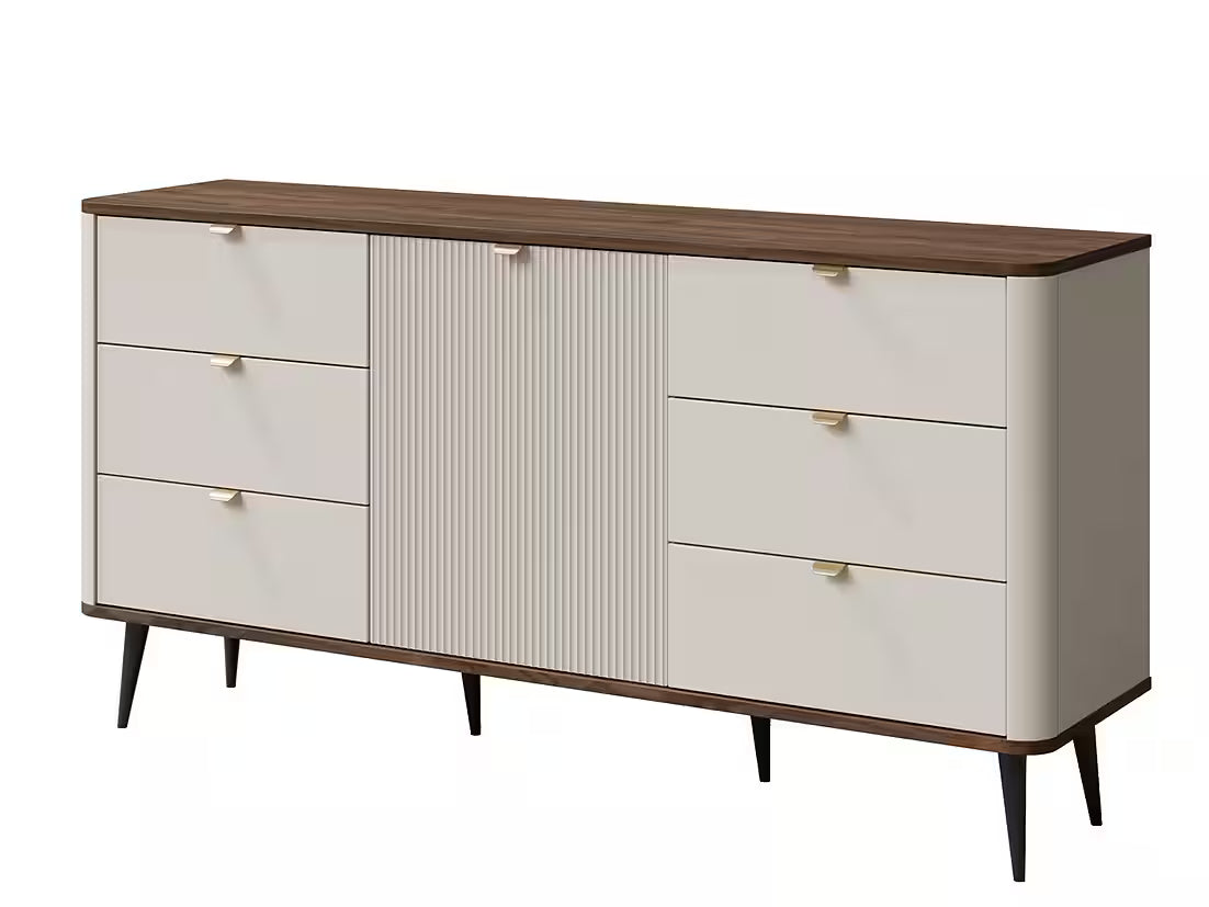 Mavi Kommode 160 cm – Design Kommode mit 6 Schubladen & geriffelter Front (Kaschmir/Nussbaum)