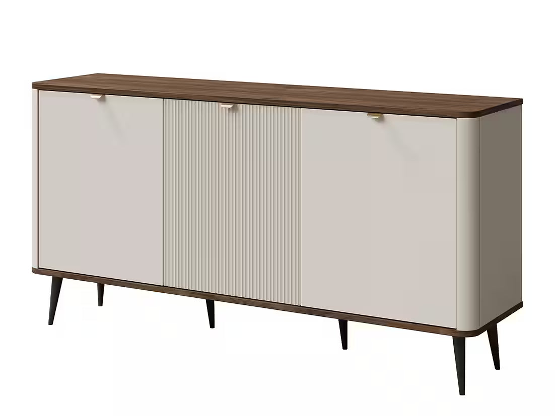 Mavi Kommode 160 cm – Design Sideboard mit Lamellen & 3 Türen (Kaschmir/Nussbaum)