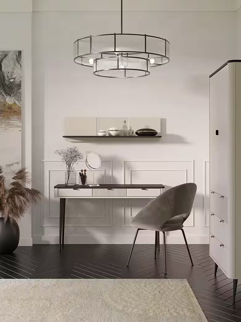 Mavi Schreibtisch 130 cm – Design Schreibtisch mit 3 Schubladen & Lamellenoptik (Kaschmir/Graphit Marmor)