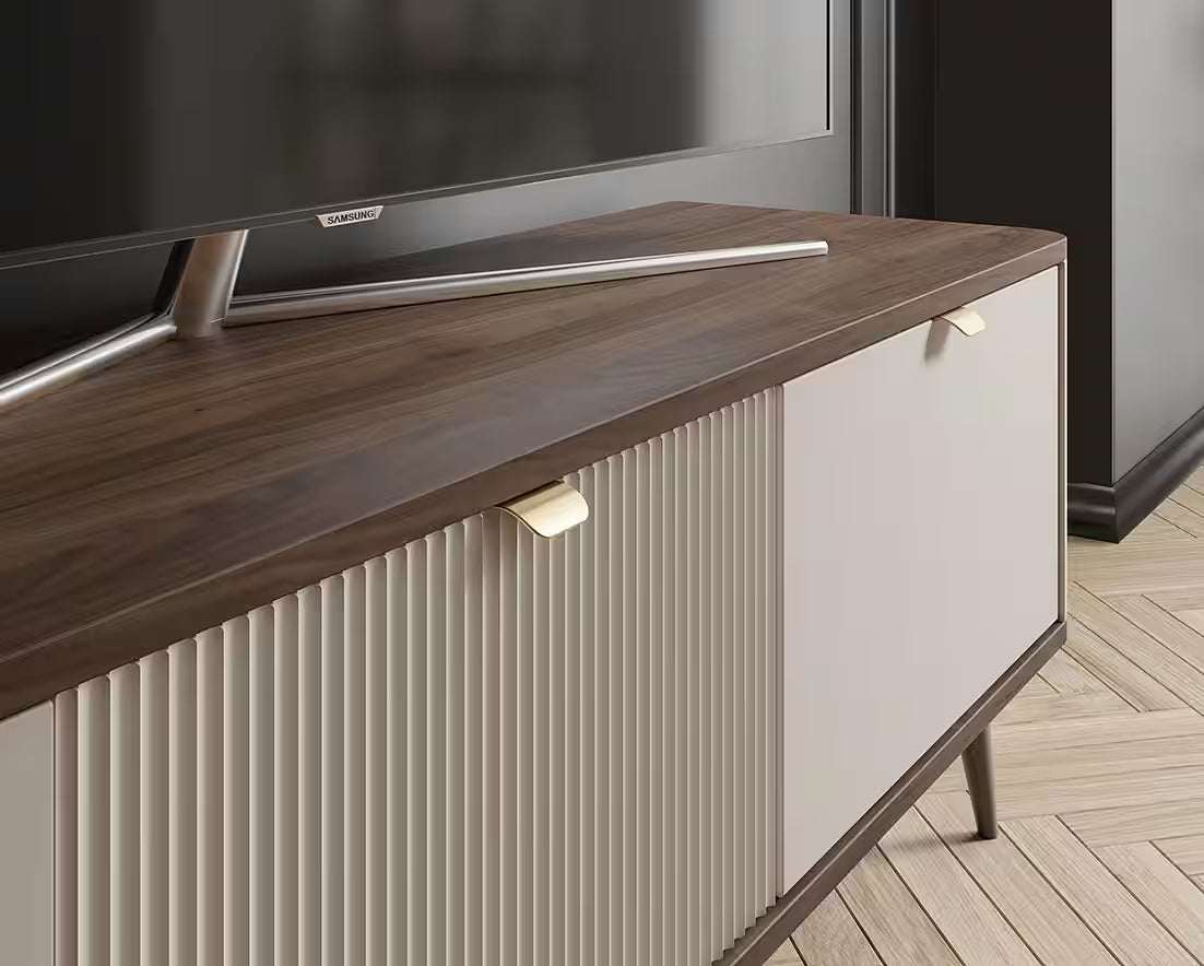 Mavi Schreibtisch 130 cm – Design Schreibtisch mit 3 Schubladen & Lamellenoptik (Kaschmir/Nussbaum)