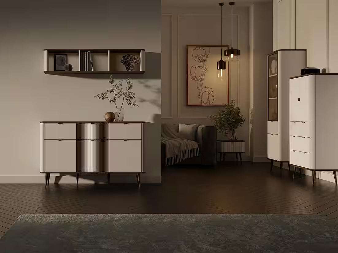 Mavi Schreibtisch 130 cm – Design Schreibtisch mit 3 Schubladen & Lamellenoptik (Kaschmir/Nussbaum)