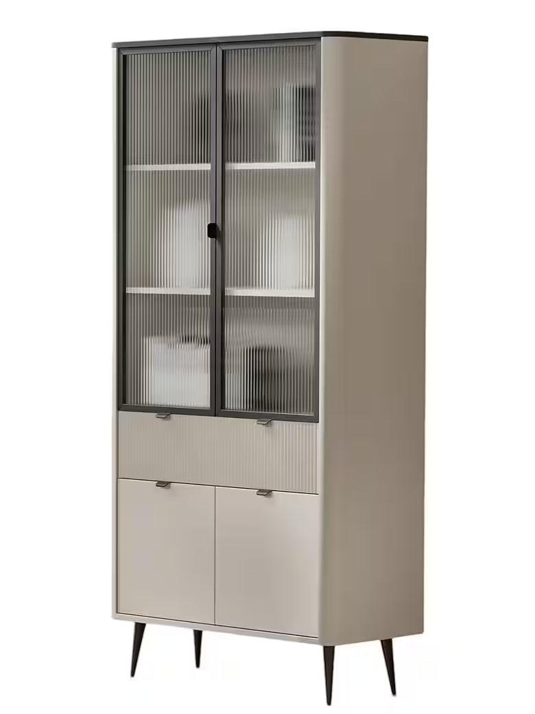 Mavi Standvitrine 90 cm – Design Vitrine mit Lamellen & Glas (Kaschmir/Graphit Marmor)