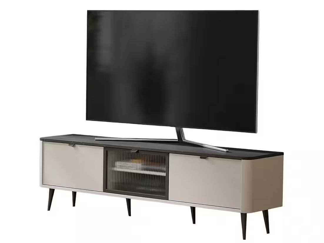 Mavi TV Lowboard 160 cm – Design TV-Schrank mit Glastüren & Metallfüßen (Kaschmir/Graphit Marmor)