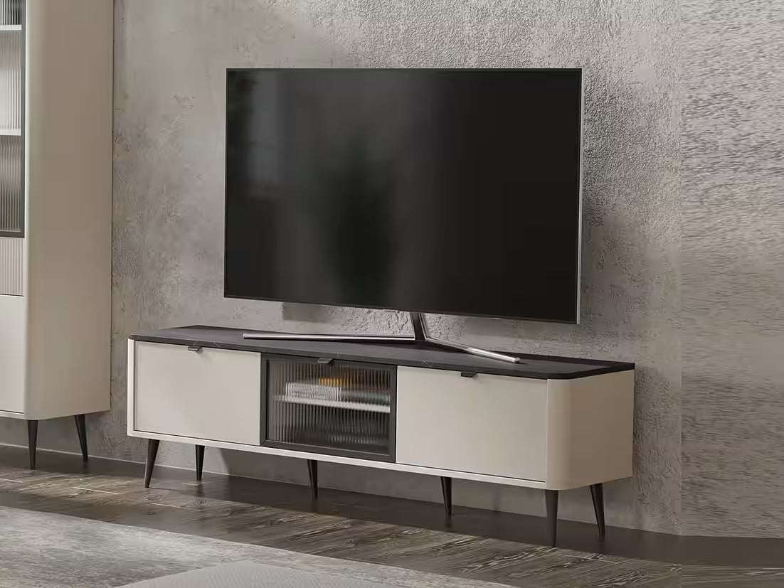 Mavi TV Lowboard 160 cm – Design TV-Schrank mit Glastüren & Metallfüßen (Kaschmir/Graphit Marmor)