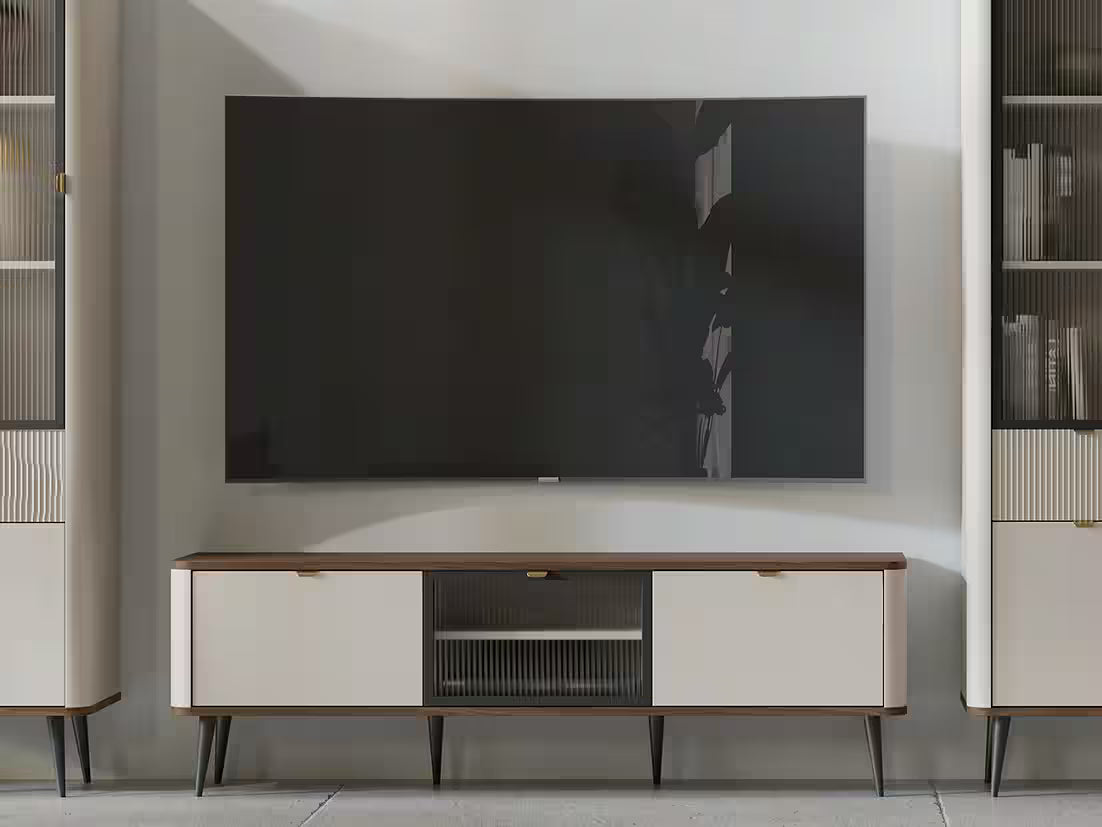 Mavi TV Lowboard 160 cm – Design TV-Schrank mit Glastüren & Metallfüßen (Kaschmir/Nussbaum)