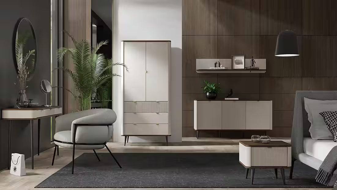 PolsterOase Kommode – Mavi 160 cm – Design Kommode mit 6 Schubladen & geriffelter Front (Kaschmir/Nussbaum) – Ansicht 02