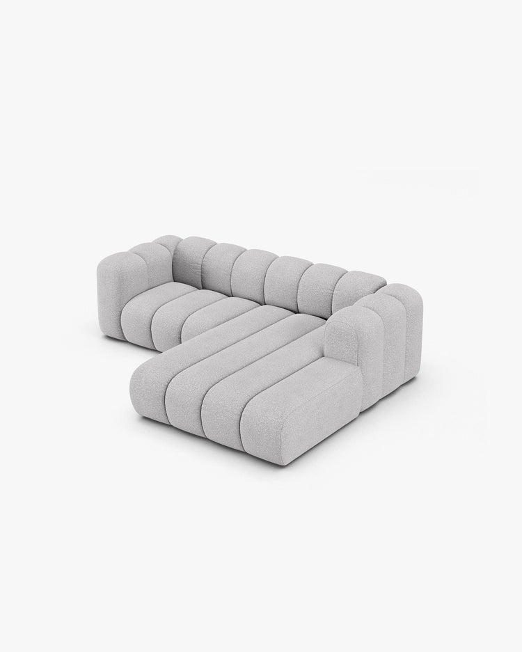 PolsterOase Modulsofa – Grandé Ecksofa 3-Sitzer in Bouclé, 230 cm Breite, Grau, Rechts – Perspektivische Ansicht