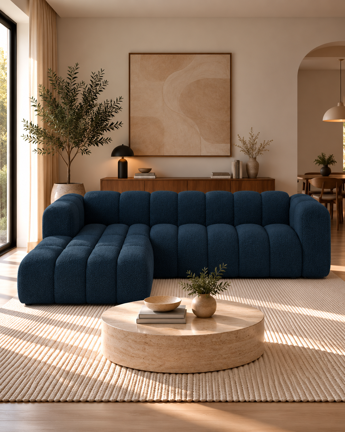 PolsterOase Modulsofa – Grandé Ecksofa, 4-Sitzer, 290 cm in Bouclé, Königsblau – zusätzliche Produktansicht
