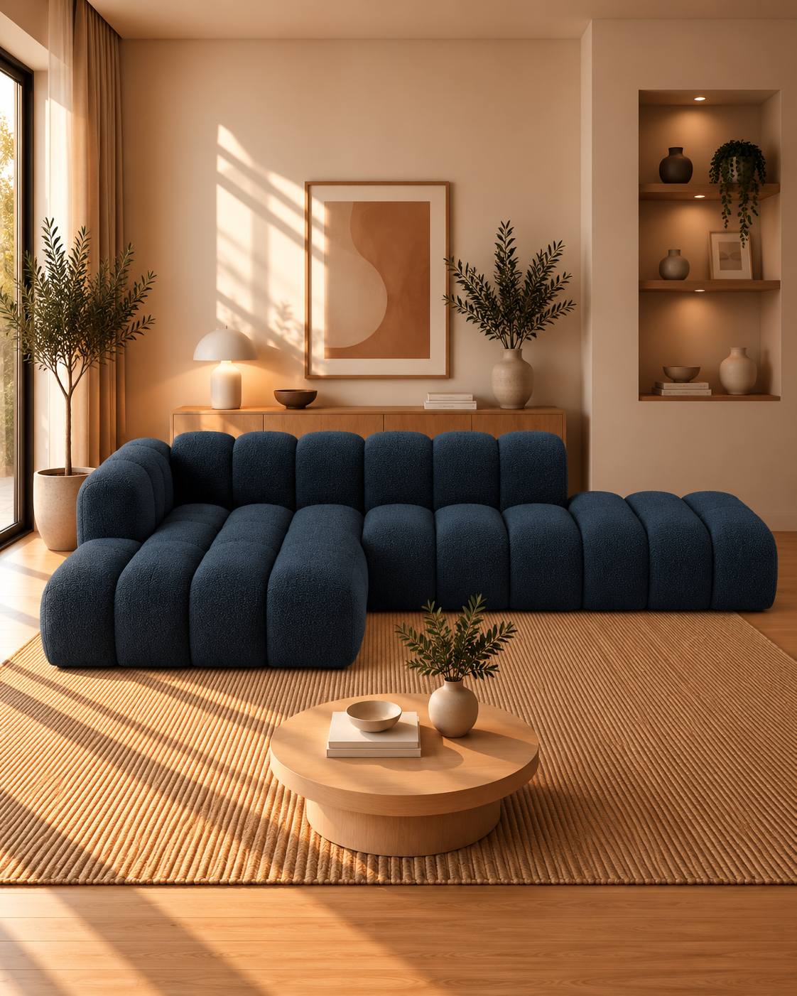 PolsterOase Modulsofa – Grandé offenes Ecksofa, 5-Sitzer, 299 cm in Bouclé, Königsblau – zusätzliche Produktansicht