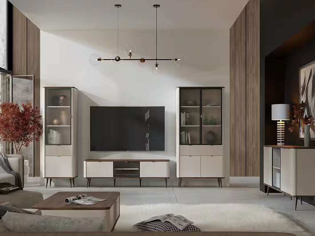 PolsterOase Schrank – Mavi 2 Türen – Design Schrank mit 4 Schubladen & geriffelter Front (Kaschmir/Nussbaum) – Ansicht 02