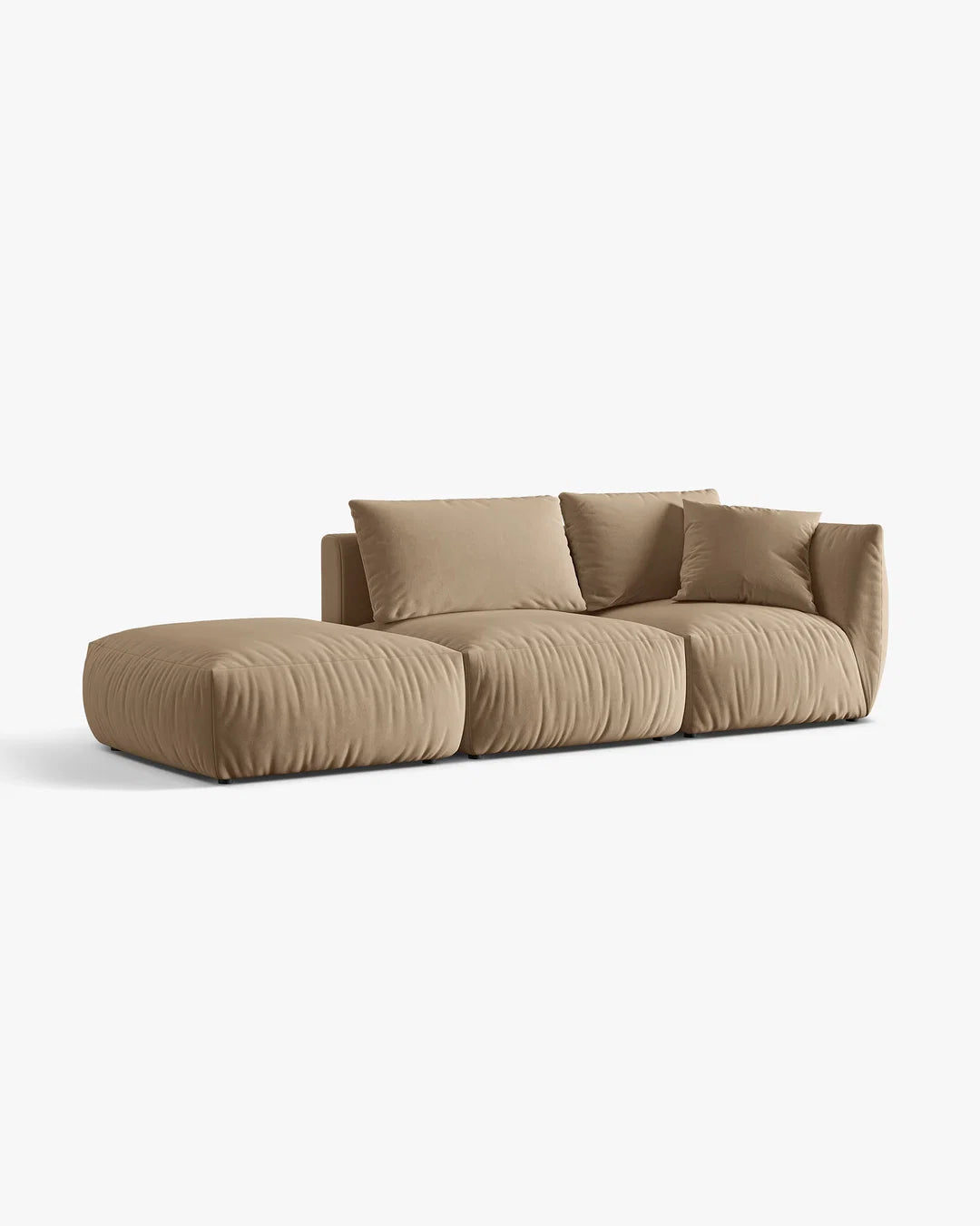 PolsterOase Sofa – BONO Modulsofa 3-Sitzer mit Récamiere in Samt, 295 cm, Mandel beige, Links – Seitenansicht