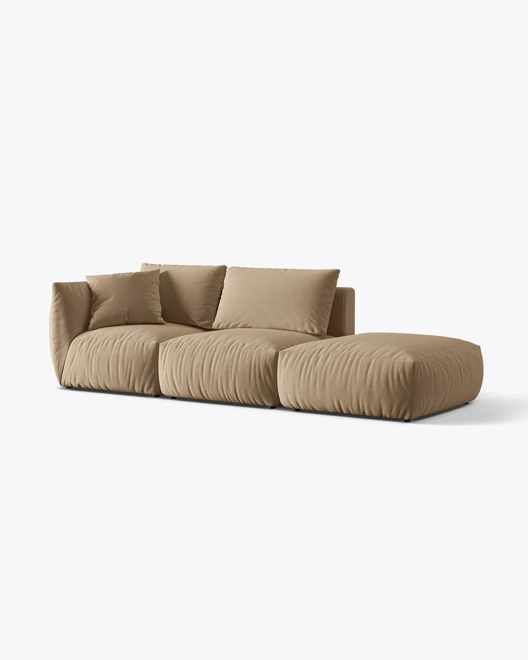 PolsterOase Sofa – BONO Modulsofa 3-Sitzer mit Récamiere in Samt, 295 cm, Mandel beige, Rechts – Seitenansicht