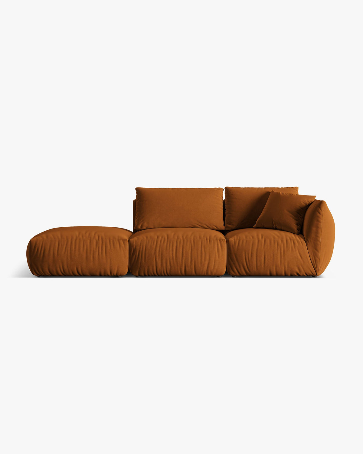 PolsterOase Sofa – BONO Modulsofa 3-Sitzer mit Récamiere in Samt, 295 cm, Terracotta, Links – Frontalansicht