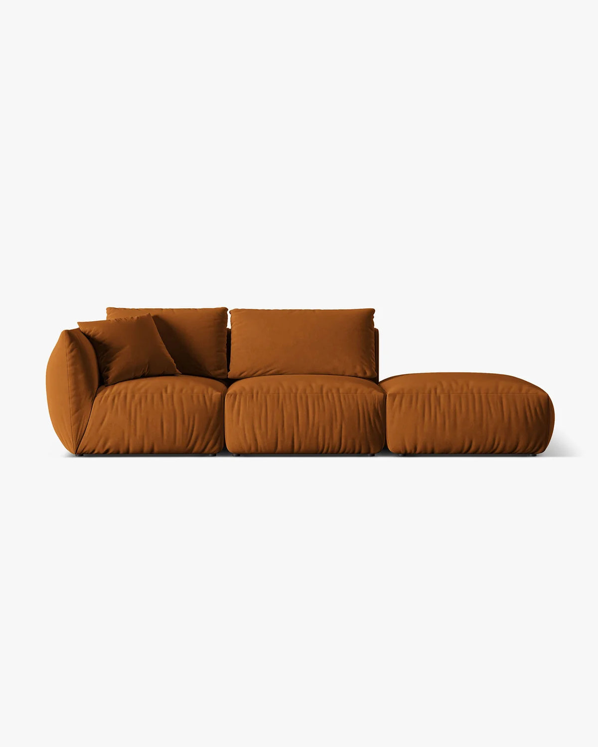 PolsterOase Sofa – BONO Modulsofa 3-Sitzer mit Récamiere in Samt, 295 cm, Terracotta, Rechts – Frontalansicht