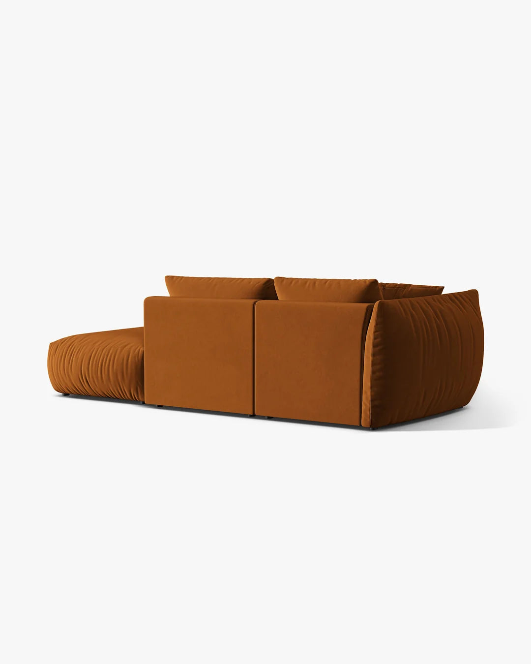 PolsterOase Sofa – BONO Modulsofa 3-Sitzer mit Récamiere in Samt, 295 cm, Terracotta, Rechts – Perspektivische Ansicht