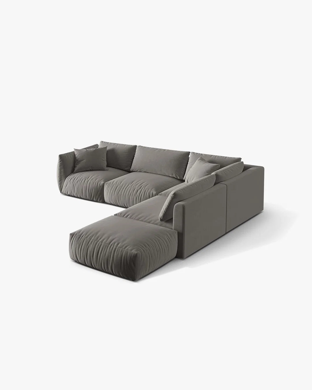 PolsterOase Sofa – BONO Modulsofa (Ecksofa) 4-Sitzer XL in Samt, 305 x 280 cm, Grau, Rechts – Perspektivische Ansicht