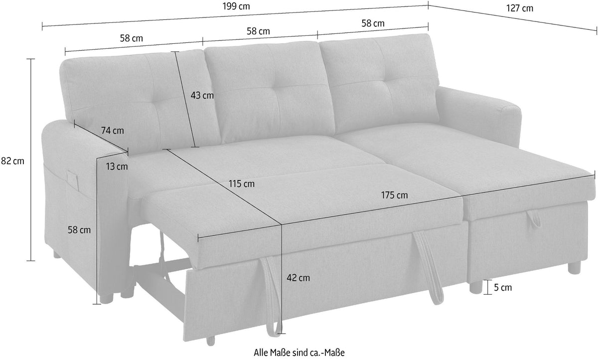 PolsterOase Sofa – Ecksofa mit Schlaffunktion und Bettkasten, 199 cm Breite – Ansicht 06